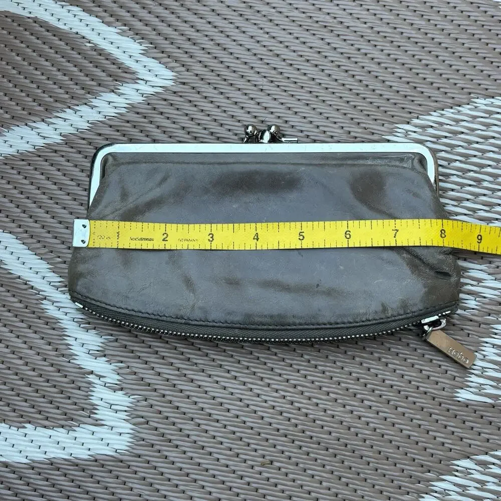Hobo International Millie Frame Zipper Bottom Leather Clutch Wallet Gray Worn